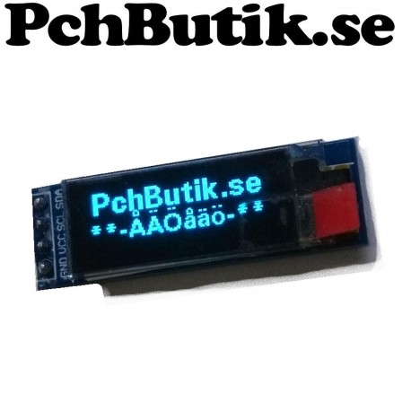 Mini OLED display med 128x32 blå pixlar. I2C SSD1306