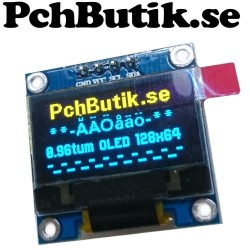 OLED display 0.96 tum, 128x64 gula och blåa pixlar. I2C SSD1306