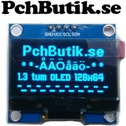 OLED display 1.3 tum, med blåa pixlar. 128x64 pixlar I2C SH1106