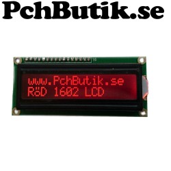 LCD display 2x16 1602 svart med röda tecken, Passar Arduino.