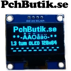 OLED display 1.3 tum, med blåa pixlar. 128x64 pixlar I2c SH1106