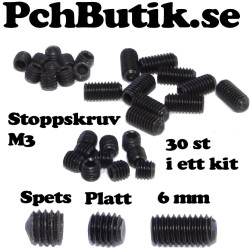 Kit 30 st, M3 Stoppskruv med spets, platt och en 6mm