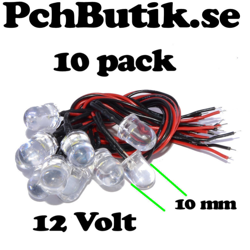 10-pack, lysdiod vitt ljus 10mm för 12 Volt. bil båt husvagn.