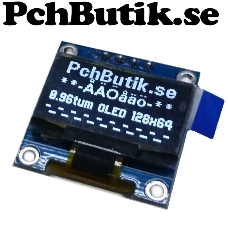 OLED display 0.96 tum,med 128x64 vita pixlar. I2C SSD1306 OLED display 0.96 tum,med 128x64 vita pixlar. I2C SSD1306