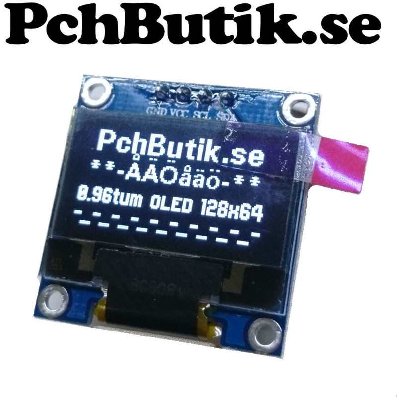 OLED display 0.96 tum,med 128x64 vita pixlar. I2C SSD1306