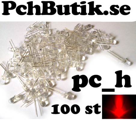 100st röda 5mm lysdioder med rund topp och klar lins, 30 graders vinkel