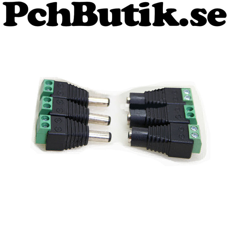 3 par Hona och Hane 2.1x5.5mm DC kontakt. passar Uno. 3 par Hona och Hane 2.1x5.5mm DC kontakt. passar Uno.