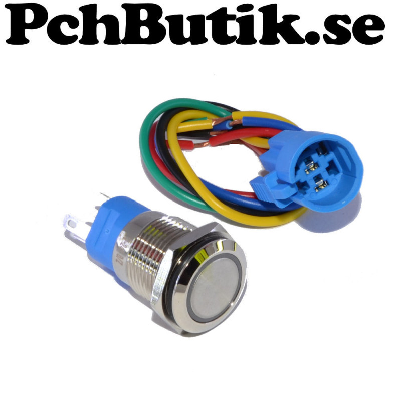 Tryckströmbrytare med blå belysning 12 till 24 Volt, SPDT själv-låst Tryckströmbrytare med blå belysning 12 till 24 Volt, SPDT själv-låst