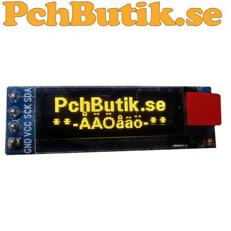 Mini OLED display med 128x32 gula pixlar. I2C SSD1306