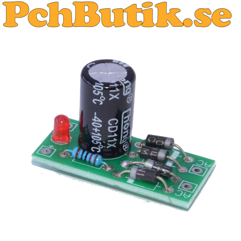 Rectifier bridge with 1N4007, 470 uF capacitor, 10 kOhm resistor and LED
