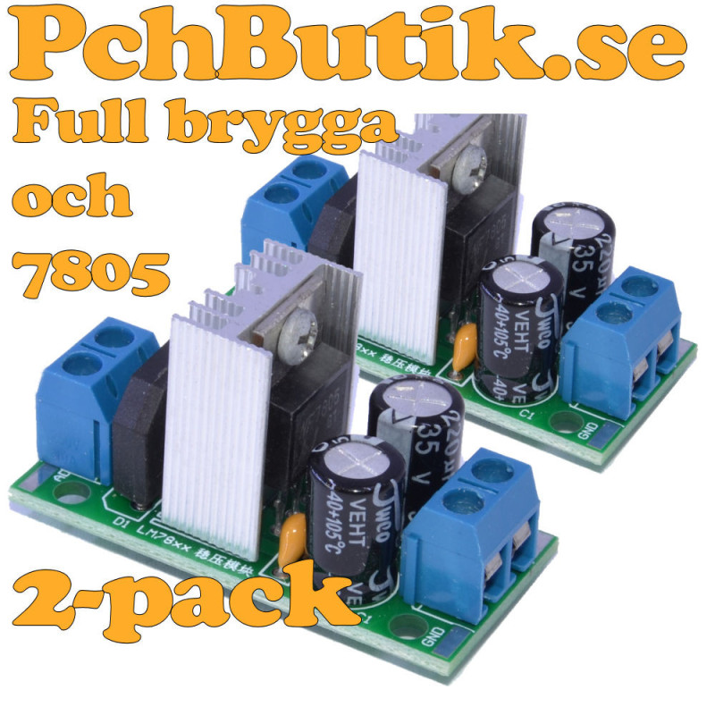 2-pack, 7805 spänningsregulatormodul 5 V med likriktarbrygga och kylare