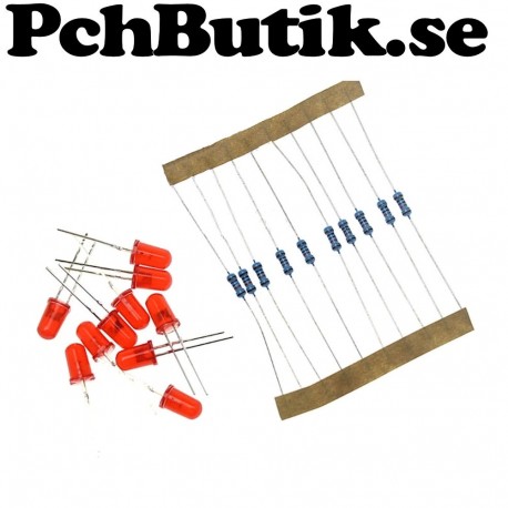 5MM röda LED lysdioder och passande motstånd för 5 Volt